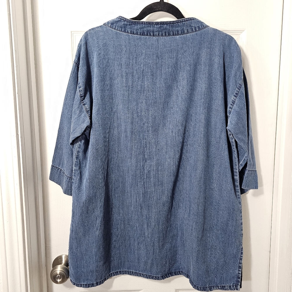 EILEEN FISHER Size Small Blue Boatneck Denim 3/4 Sleeve Top With Pockets - Picture 14 of 16
